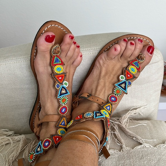 Free People NEW laidback London Tribal hand Beaded Day to Evening Vacay Sandal 🌈 - Picture 6 of 13